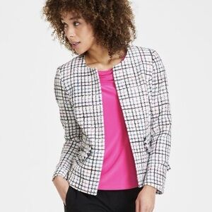 Kasper White, Black & Pink Tweed Collarless Blazer